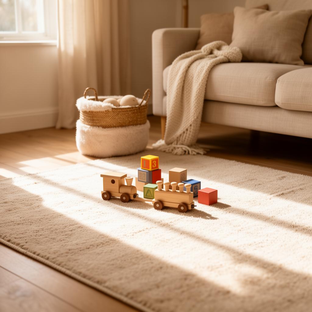 Salón cálido con juguetes de madera y luz suave